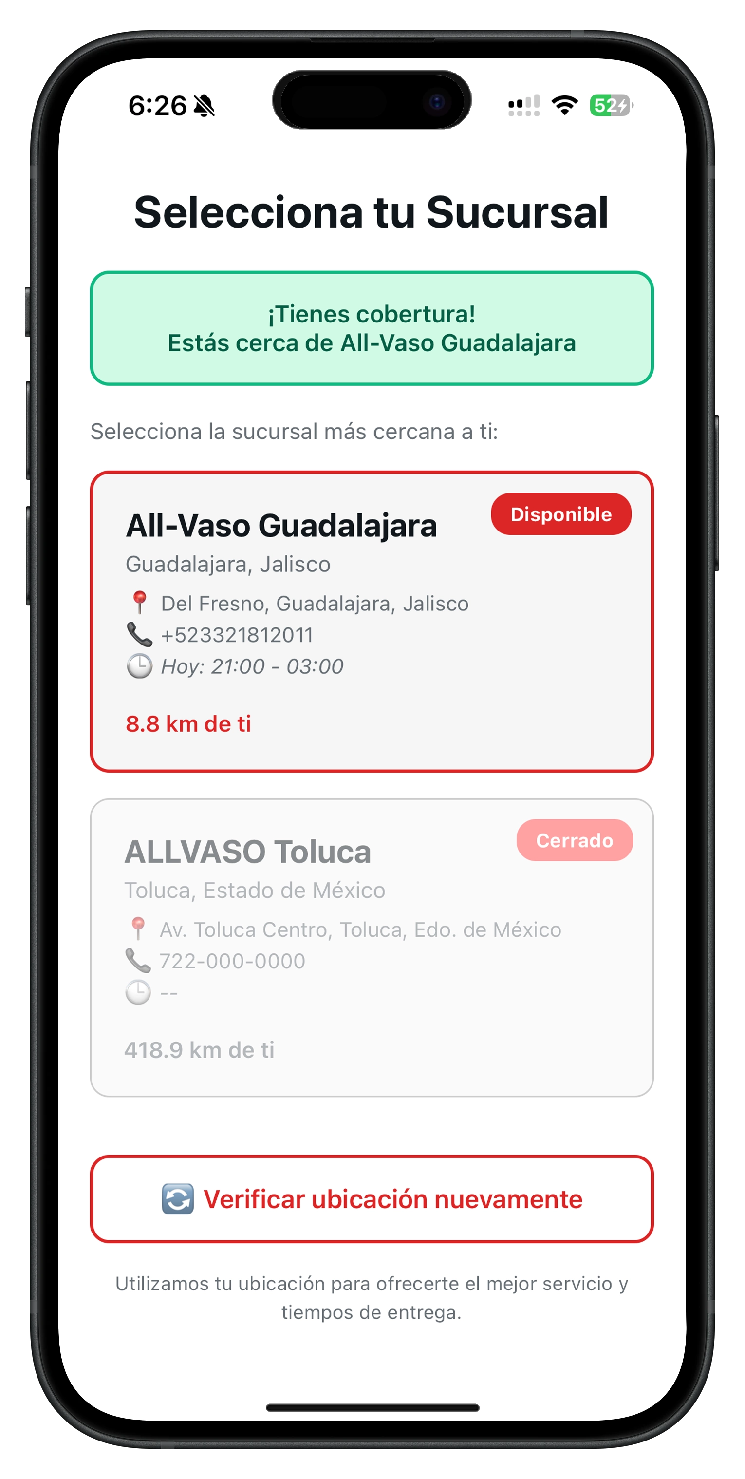 Mockup de la aplicación All-Vaso - Entrega Rápida en tu Ciudad